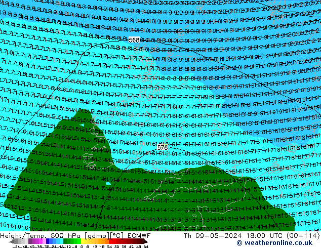 Z500/Rain (+SLP)/Z850 ECMWF gio 09.05.2024 18 UTC