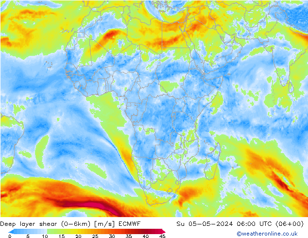 Deep layer shear (0-6km) ECMWF dim 05.05.2024 06 UTC