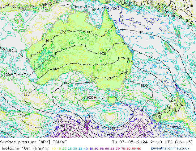 Isotachs (kph) ECMWF Tu 07.05.2024 21 UTC