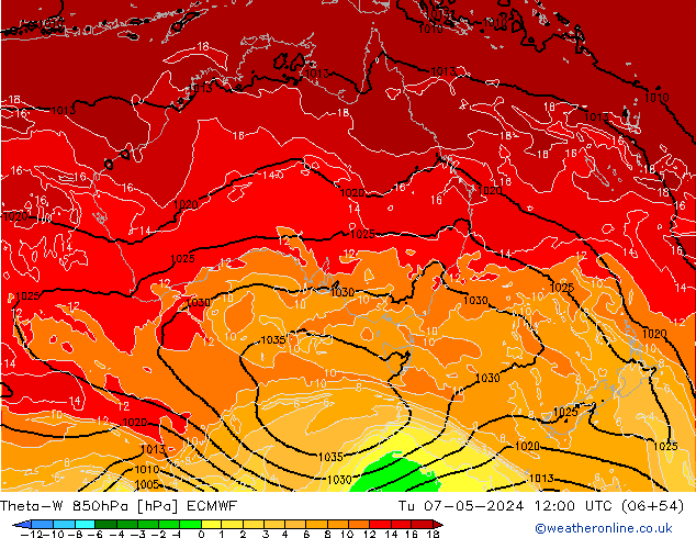 Theta-W 850hPa ECMWF Tu 07.05.2024 12 UTC