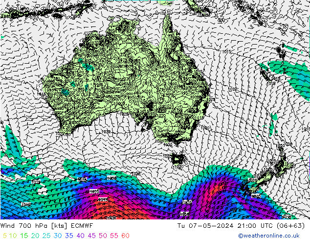 Wind 700 hPa ECMWF Di 07.05.2024 21 UTC