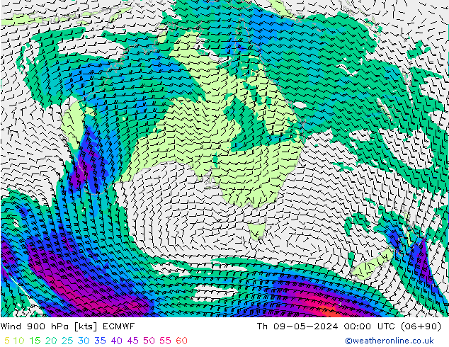 Wind 900 hPa ECMWF Čt 09.05.2024 00 UTC