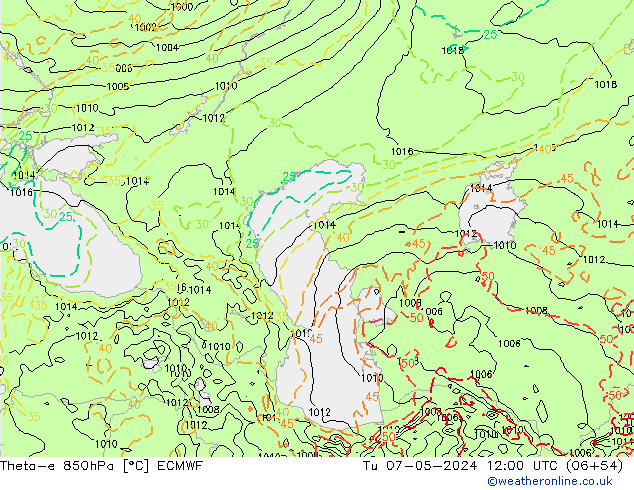 Theta-e 850hPa ECMWF Út 07.05.2024 12 UTC