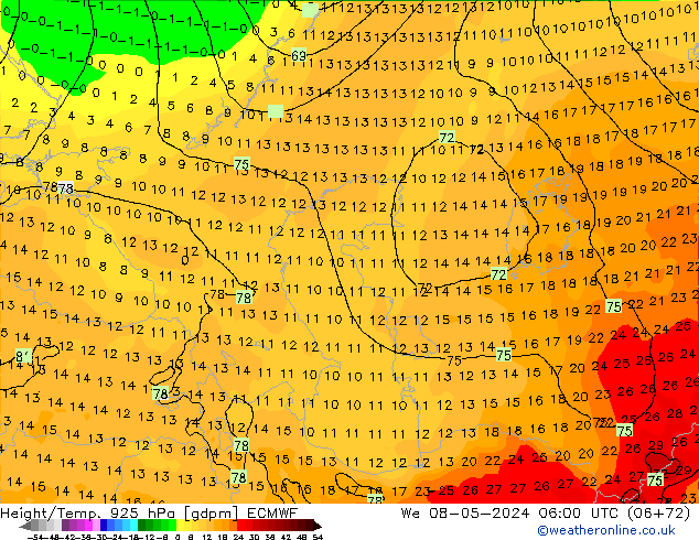 Height/Temp. 925 hPa ECMWF We 08.05.2024 06 UTC