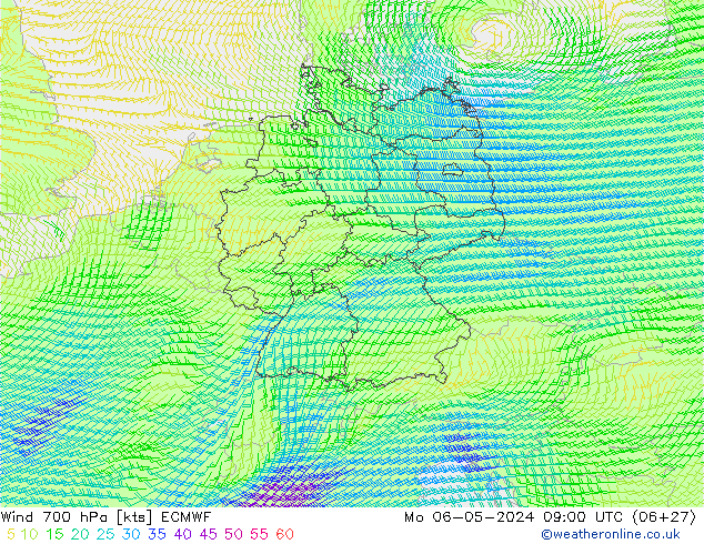 Vento 700 hPa ECMWF lun 06.05.2024 09 UTC