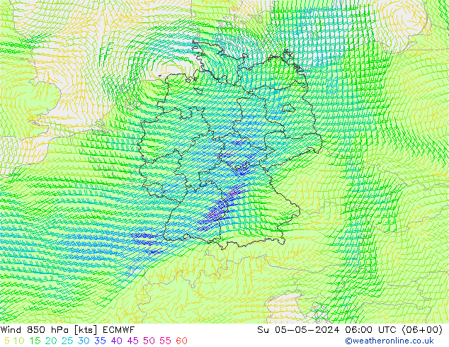 Vento 850 hPa ECMWF Dom 05.05.2024 06 UTC