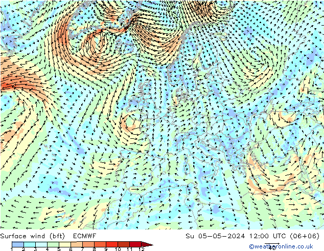 Rüzgar 10 m (bft) ECMWF Paz 05.05.2024 12 UTC