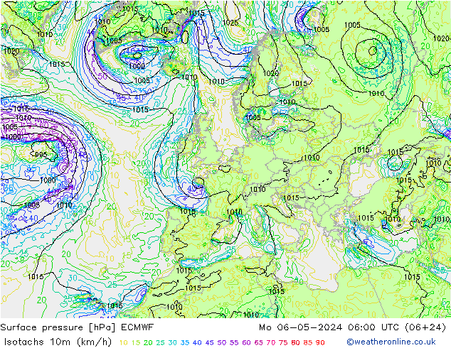 Isotachs (kph) ECMWF Mo 06.05.2024 06 UTC