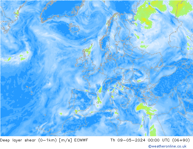 Deep layer shear (0-1km) ECMWF Do 09.05.2024 00 UTC