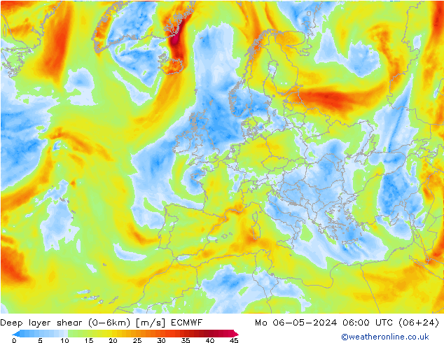 Deep layer shear (0-6km) ECMWF Seg 06.05.2024 06 UTC