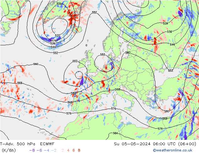 T-Adv. 500 hPa ECMWF Su 05.05.2024 06 UTC