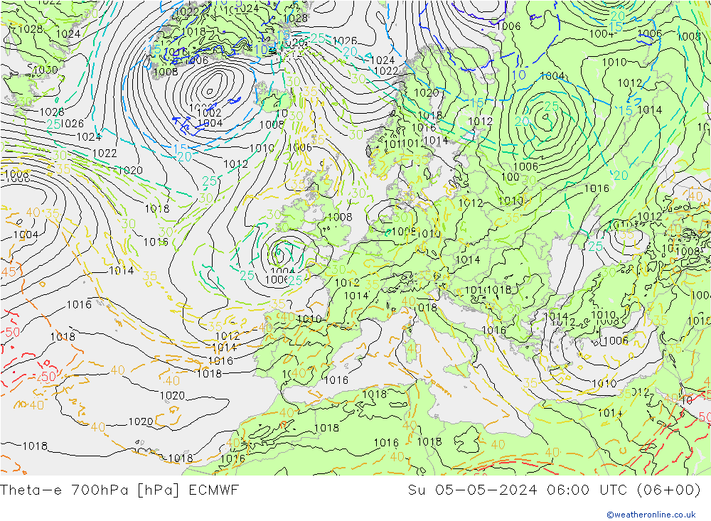 Theta-e 700hPa ECMWF Su 05.05.2024 06 UTC