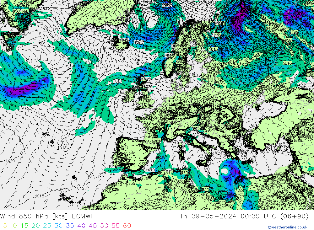 Wind 850 hPa ECMWF Čt 09.05.2024 00 UTC