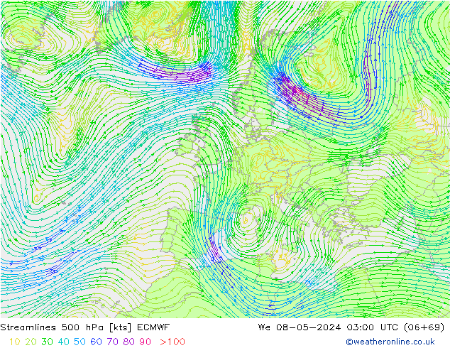 Línea de corriente 500 hPa ECMWF mié 08.05.2024 03 UTC