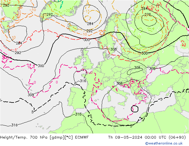 Height/Temp. 700 hPa ECMWF czw. 09.05.2024 00 UTC