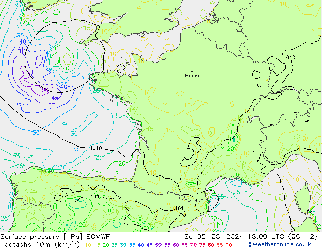 Isotachs (kph) ECMWF Su 05.05.2024 18 UTC