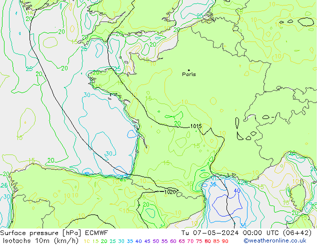 Isotachs (kph) ECMWF Tu 07.05.2024 00 UTC
