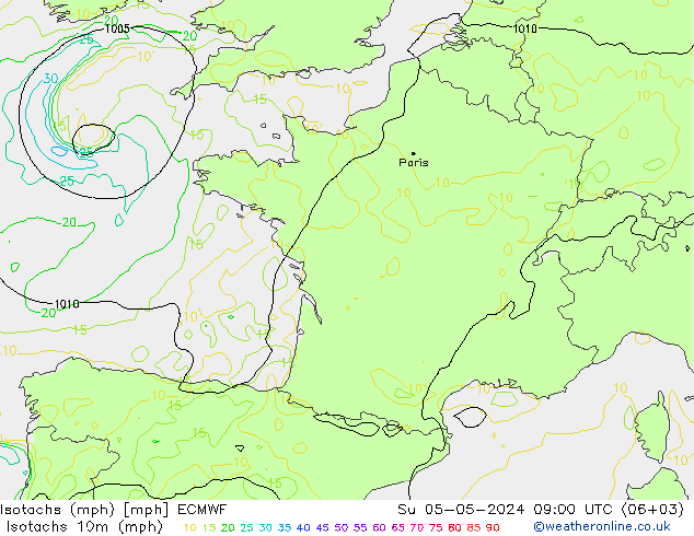 Isotachs (mph) ECMWF dim 05.05.2024 09 UTC