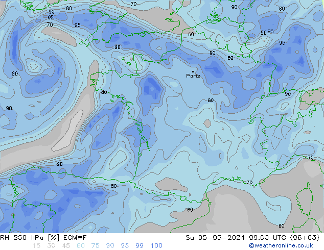 Humidité rel. 850 hPa ECMWF dim 05.05.2024 09 UTC