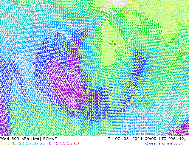 Wind 500 hPa ECMWF Tu 07.05.2024 00 UTC