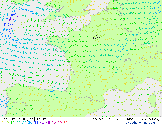 Wind 950 hPa ECMWF Su 05.05.2024 06 UTC