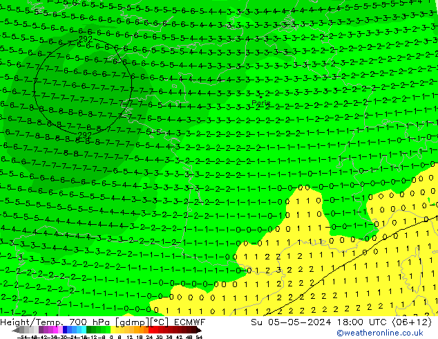 Height/Temp. 700 hPa ECMWF So 05.05.2024 18 UTC