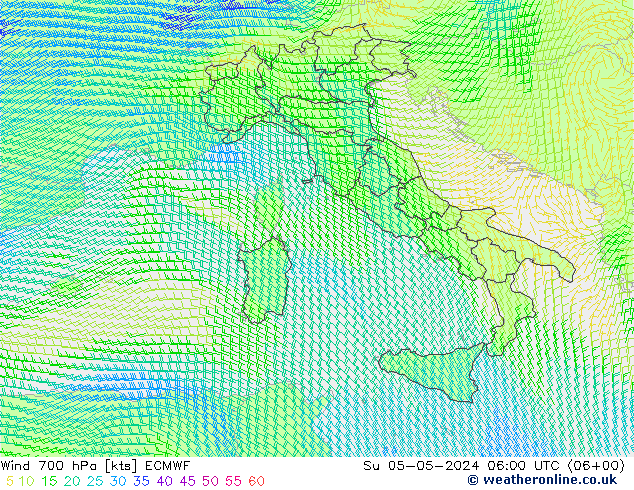 Wind 700 hPa ECMWF Su 05.05.2024 06 UTC