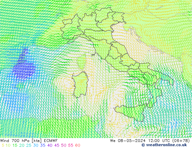 Wind 700 hPa ECMWF wo 08.05.2024 12 UTC