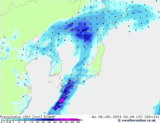 Precipitation (6h) ECMWF Mo 06.05.2024 06 UTC