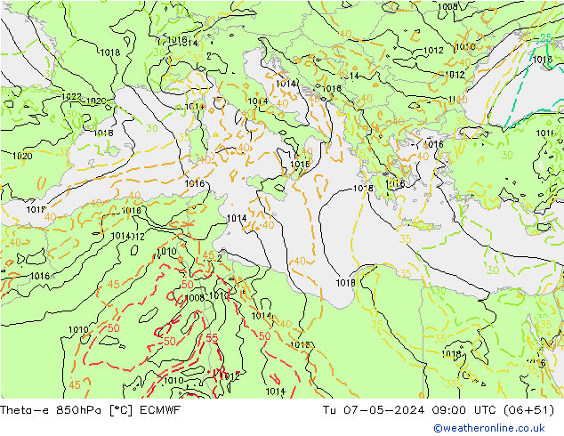 Theta-e 850hPa ECMWF di 07.05.2024 09 UTC