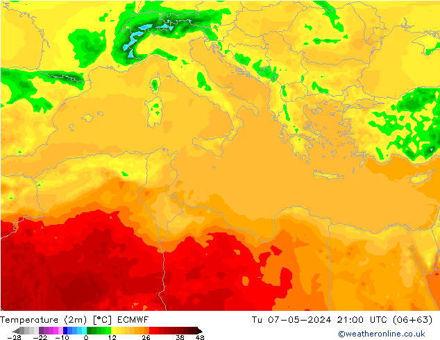 Temperature (2m) ECMWF Tu 07.05.2024 21 UTC