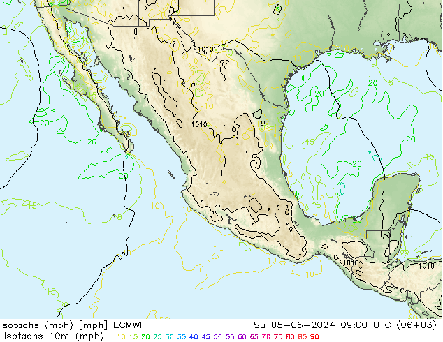 Isotaca (mph) ECMWF dom 05.05.2024 09 UTC