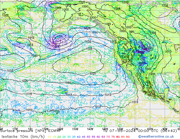 Isotachs (kph) ECMWF Tu 07.05.2024 00 UTC