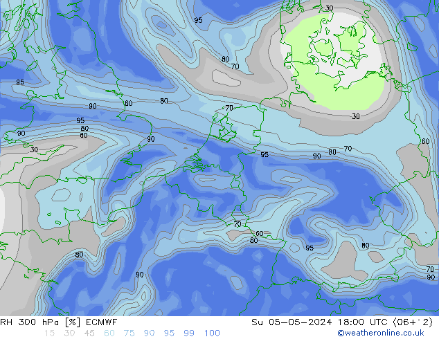 RH 300 hPa ECMWF Dom 05.05.2024 18 UTC