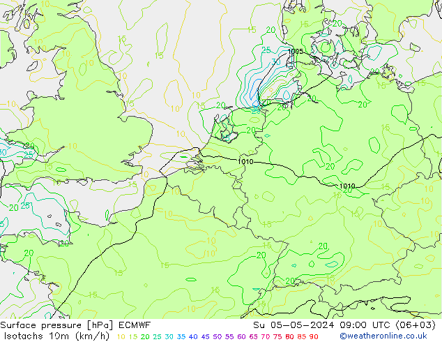 Isotachen (km/h) ECMWF So 05.05.2024 09 UTC