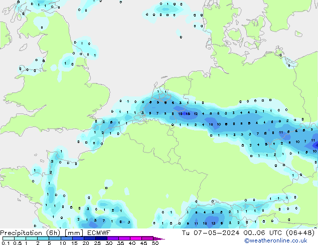 Precipitation (6h) ECMWF Tu 07.05.2024 06 UTC