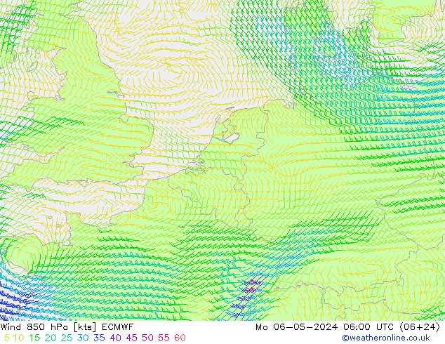 Vento 850 hPa ECMWF lun 06.05.2024 06 UTC