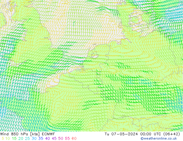 Wind 850 hPa ECMWF Tu 07.05.2024 00 UTC