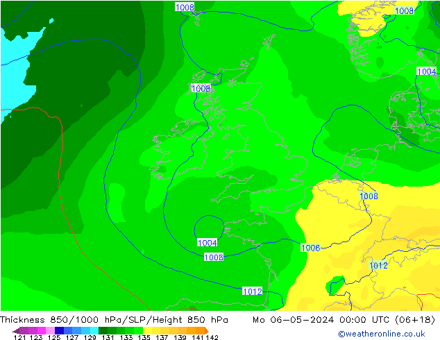 Dikte 850-1000 hPa ECMWF ma 06.05.2024 00 UTC