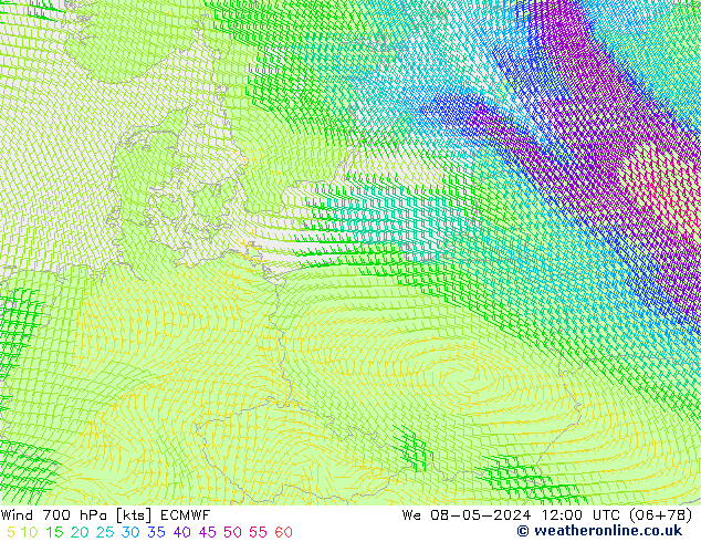 Vent 700 hPa ECMWF mer 08.05.2024 12 UTC