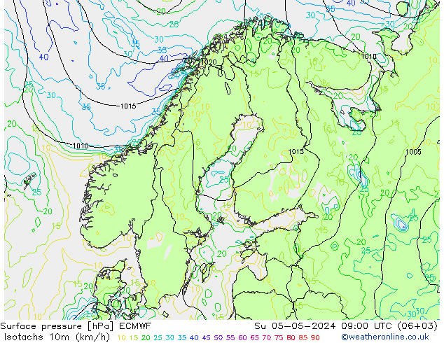 Isotachs (kph) ECMWF dom 05.05.2024 09 UTC