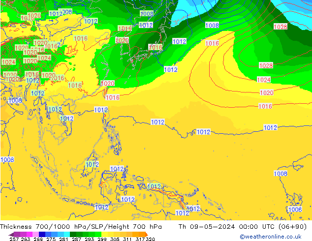 Thck 700-1000 hPa ECMWF gio 09.05.2024 00 UTC