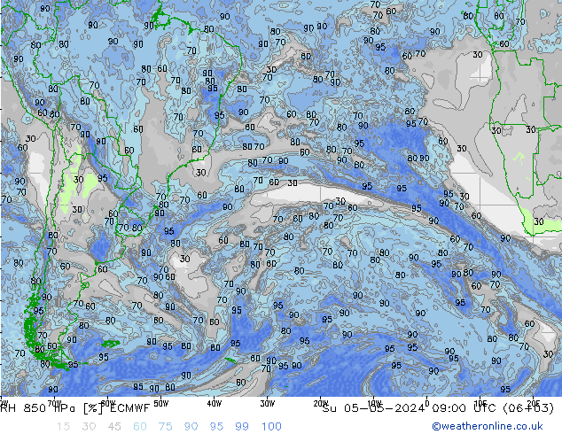 RH 850 hPa ECMWF nie. 05.05.2024 09 UTC