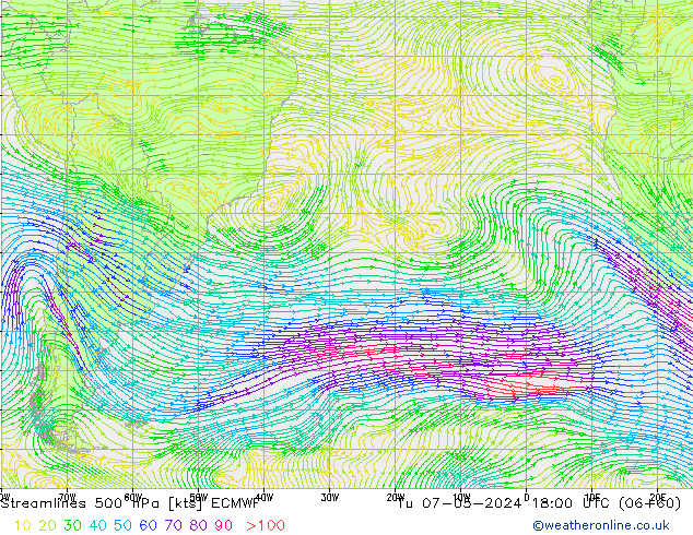 Linea di flusso 500 hPa ECMWF mar 07.05.2024 18 UTC