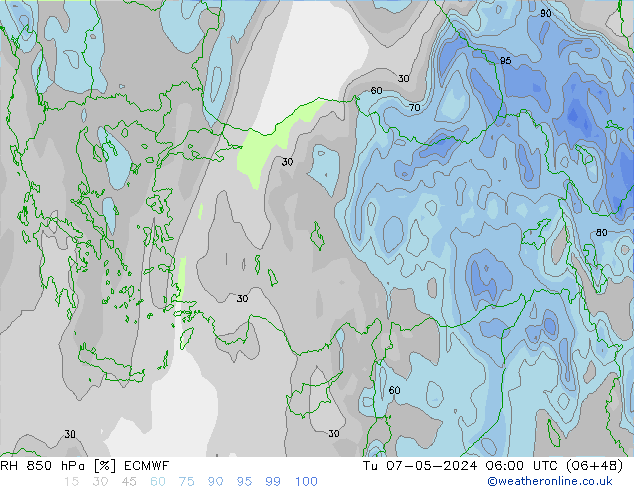 Humidité rel. 850 hPa ECMWF mar 07.05.2024 06 UTC