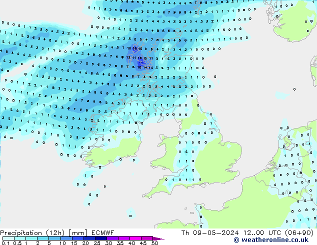 Totale neerslag (12h) ECMWF do 09.05.2024 00 UTC