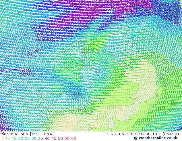 wiatr 500 hPa ECMWF czw. 09.05.2024 00 UTC