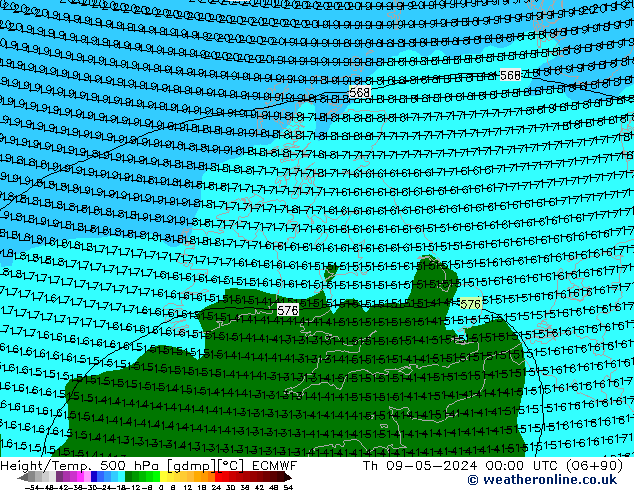 Z500/Rain (+SLP)/Z850 ECMWF Th 09.05.2024 00 UTC