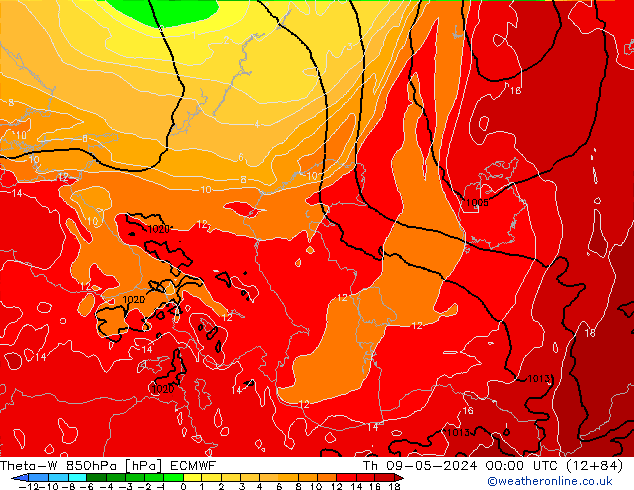 Theta-W 850hPa ECMWF czw. 09.05.2024 00 UTC