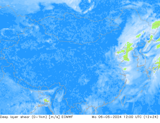 Deep layer shear (0-1km) ECMWF 星期一 06.05.2024 12 UTC